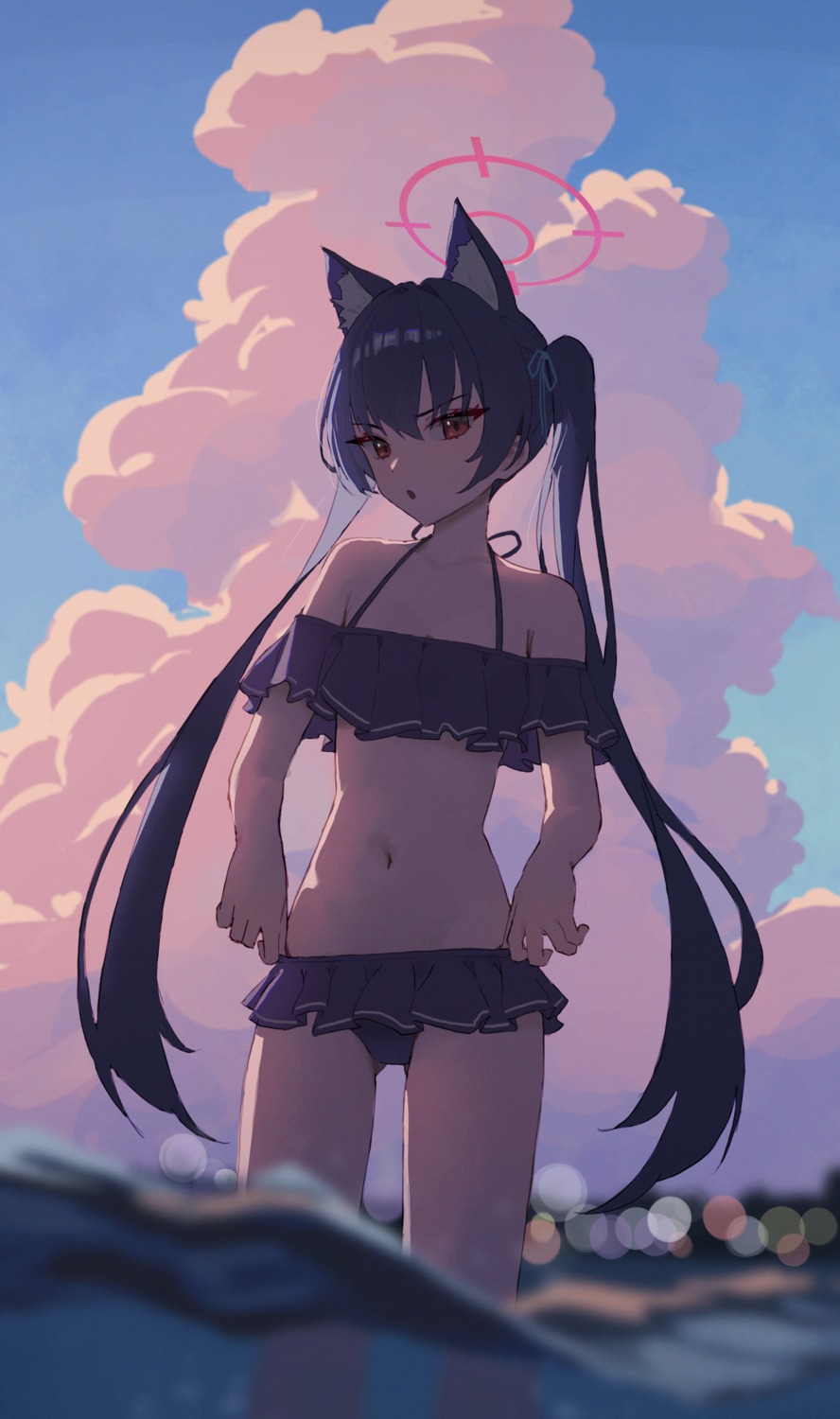 animal_ears, bikini, blue_archive, halo, kuromi_serika, nekomimi, suumon, swimsuits, wet