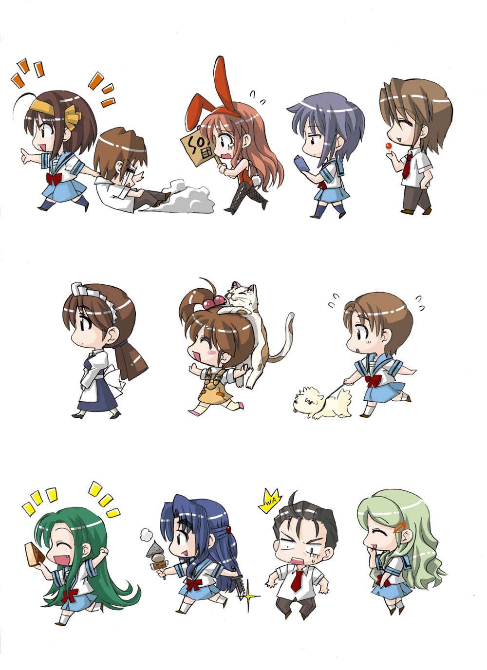 asahina_mikuru, asakura_ryouko, chibi, kimidori_emiri, koizumi_itsuki, kyon, kyon's_sister, mori_sonou