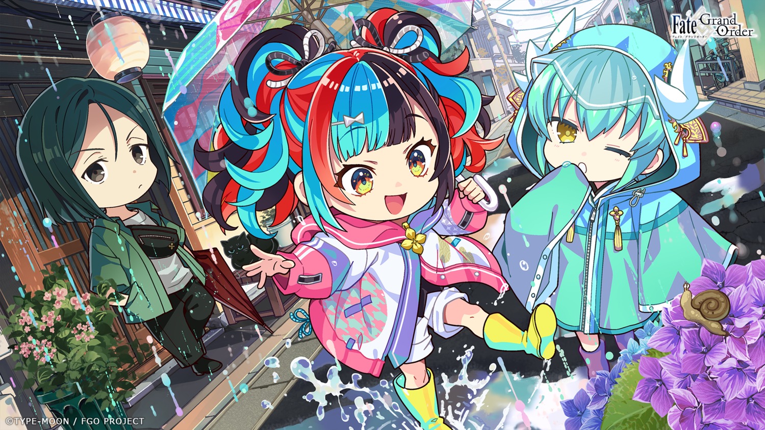 aono_sumio, chibi, fate/grand_order, horns, kiyohime_(fate), sei_shounagon_(fate), umbrella, wallpaper