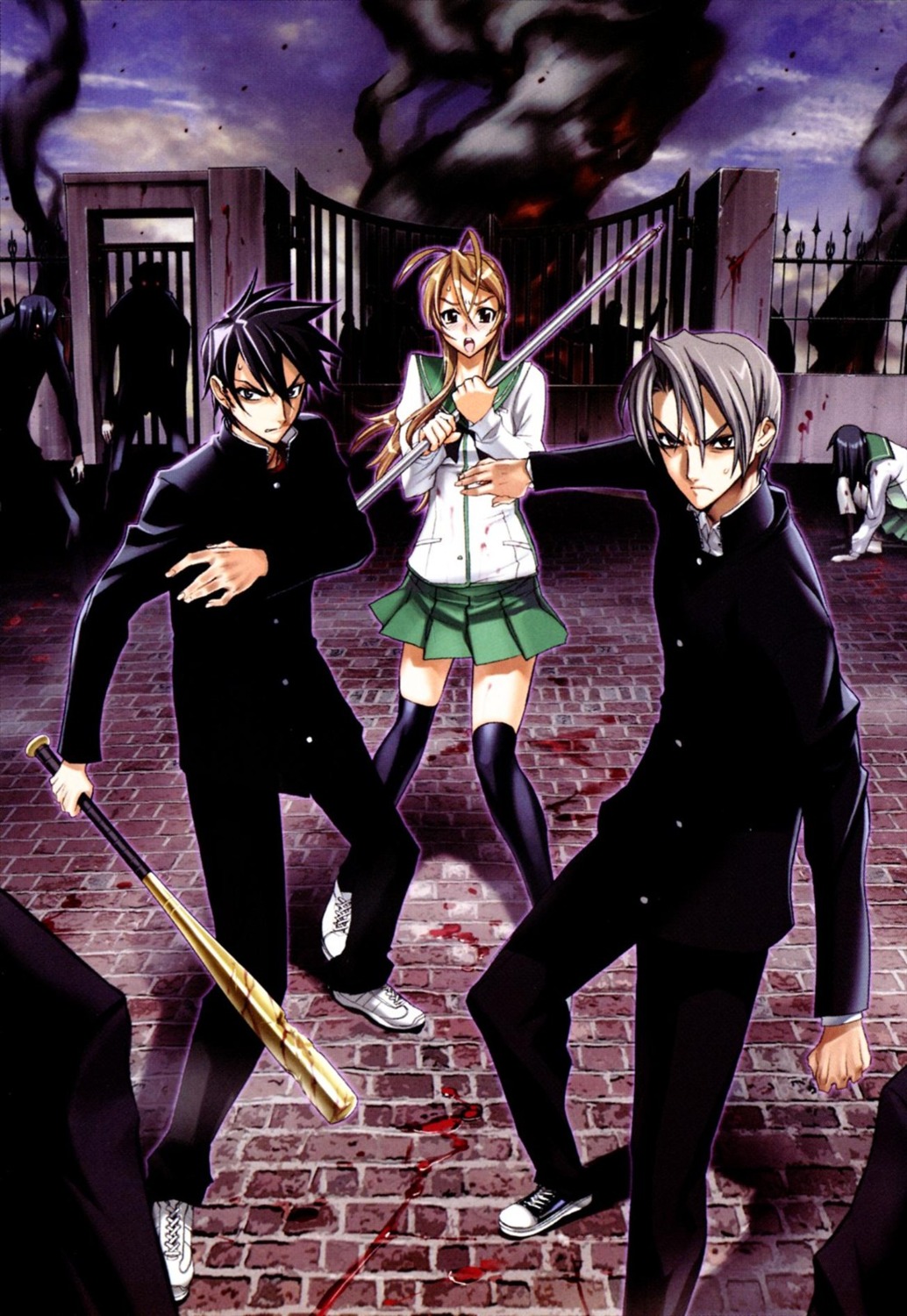 blood, highschool_of_the_dead, igou_hisashi, inazuma, komuro_takashi, miyamoto_rei, seifuku, sword