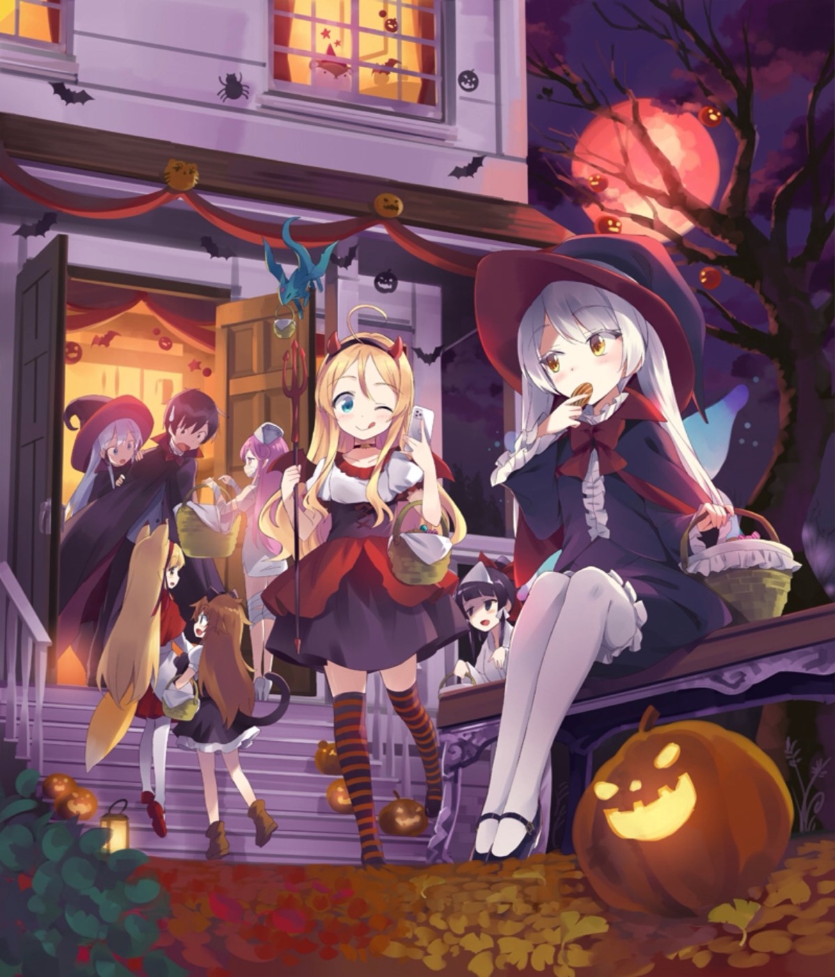 animal_ears, bandages, devil, elze_silhoueska, halloween, heels, horns, isekai_wa_smartphone_to_tomo_ni., japanese_clothes, kitsune, kokonoe_yae, leen_(isekai_wa_smartphone_to_tomo_ni.), mochizuki_touya, nekomimi, nurse, sakura_(isekai_wa_smartphone_to_tomo_ni.), selfie, soto, sushie_urnea_ortlinde, tail, thighhighs, weapon, wings, witch