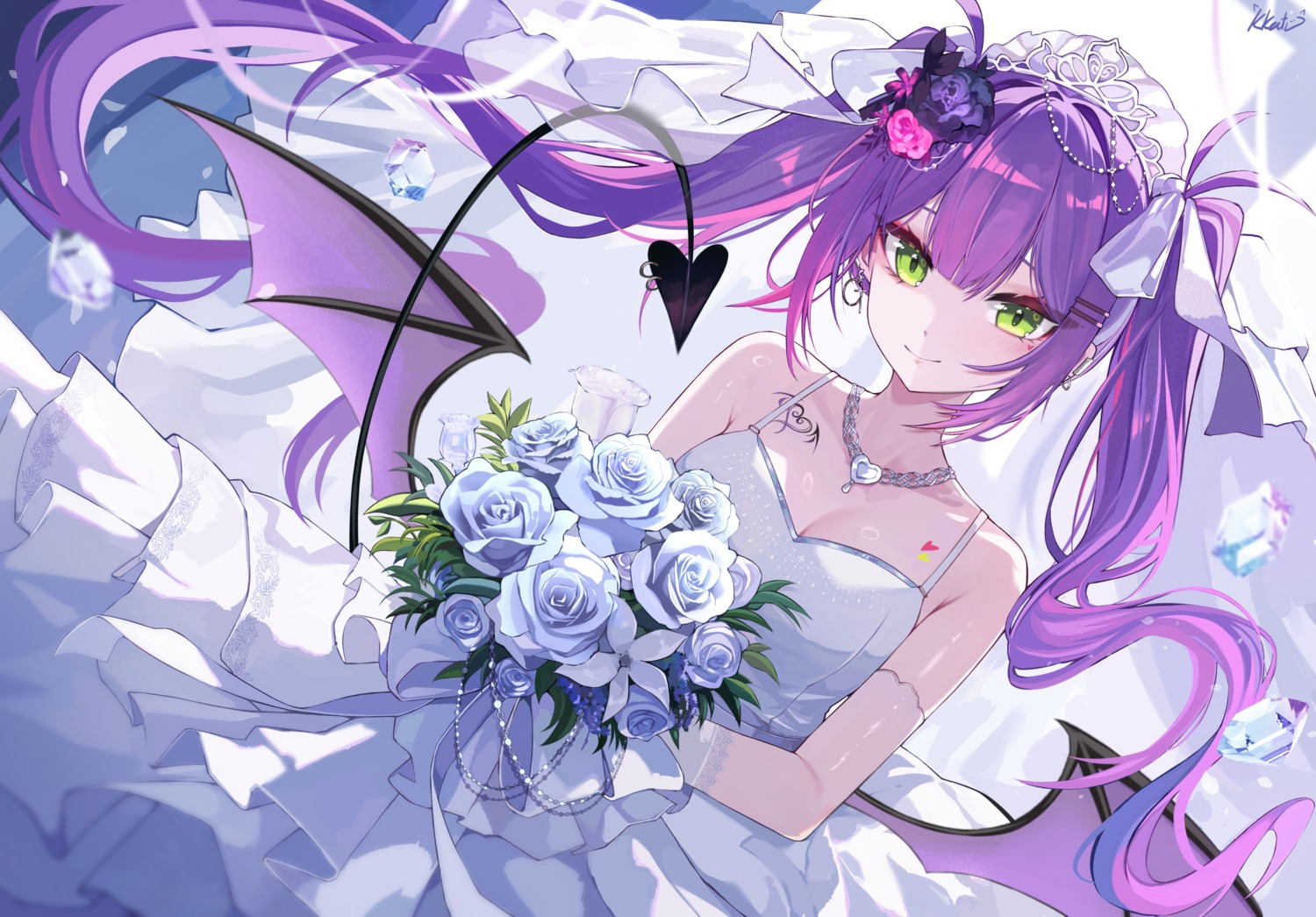 dress, hololive, kkato, tail, tattoo, tokoyami_towa, wedding_dress, wings