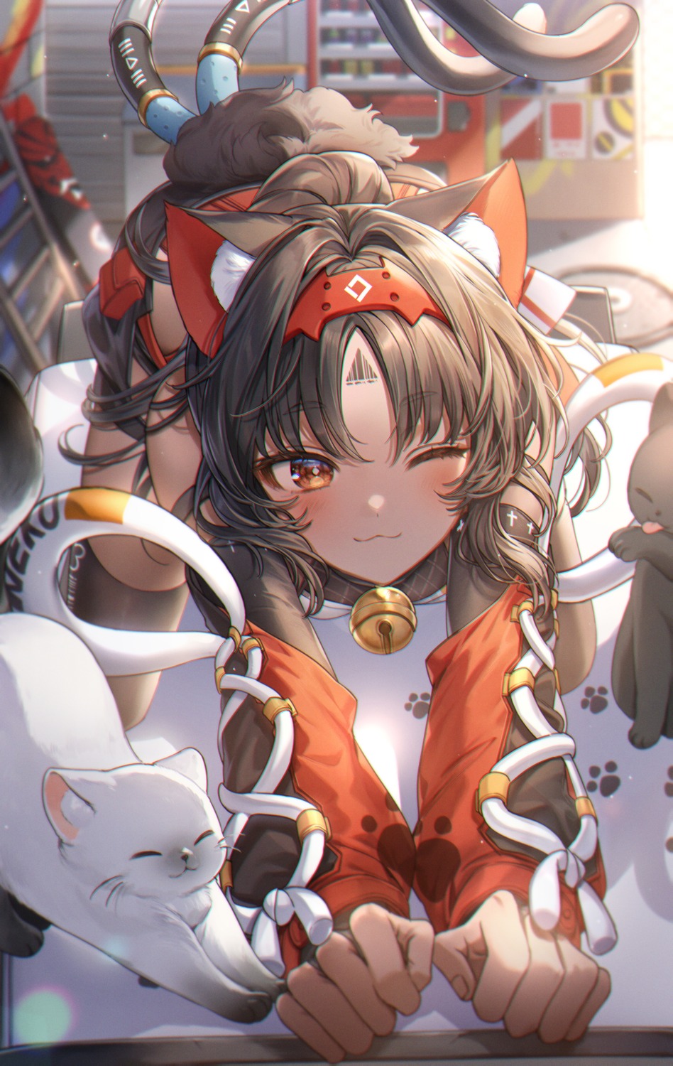 animal_ears, neko, nekomimi, nekomiya_mana, pillo, tail, tattoo, thighhighs