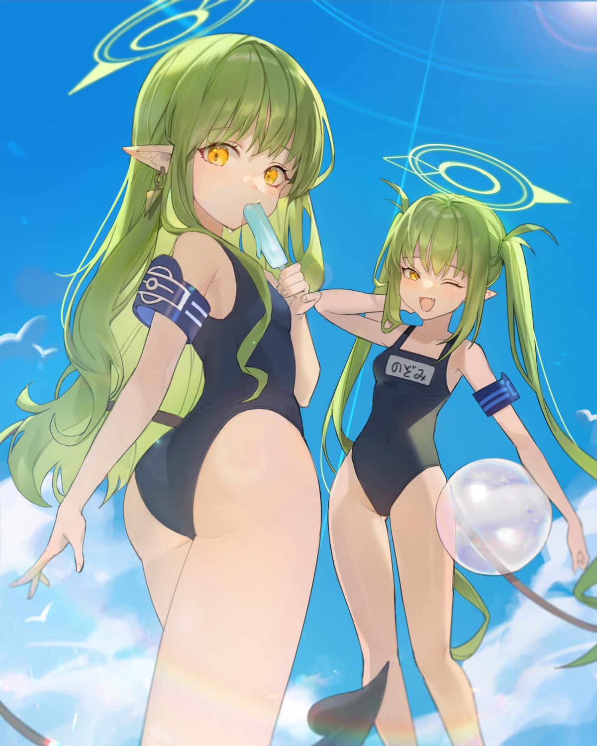 ass, blue_archive, halo, kyuri_(suika), pointy_ears, school_swimsuit, swimsuits, tachibana_hikari, tachibana_nozomi, tail