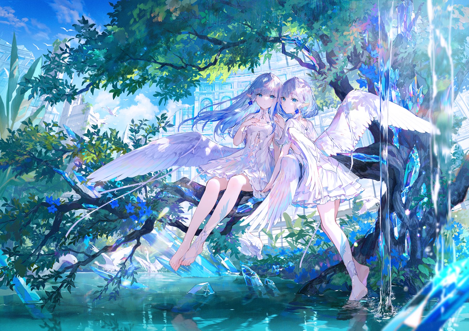 dress, fuzichoko, pointy_ears, wet, wings