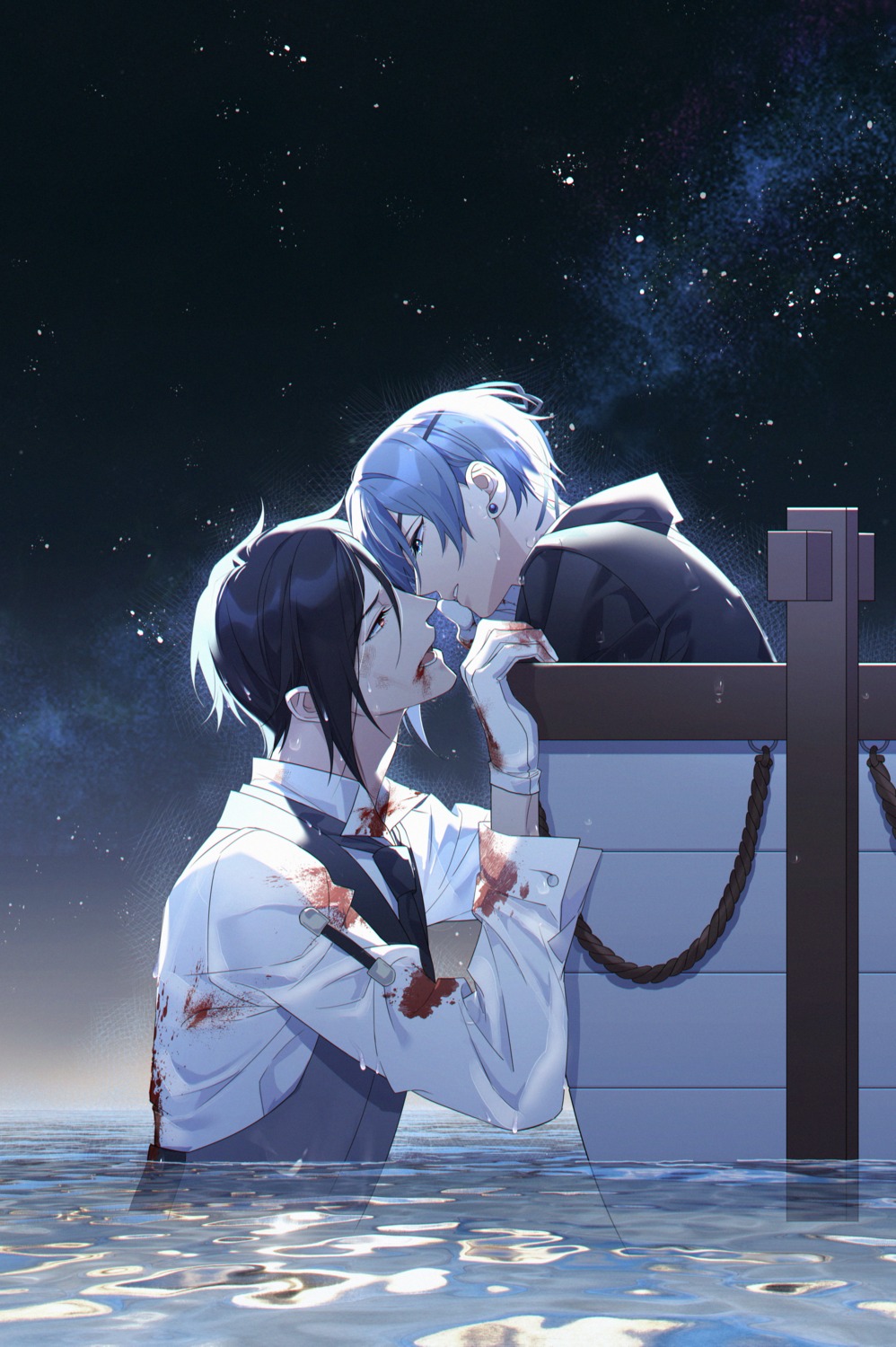 aru_(pixiv_6926366), blood, ciel_phantomhive, eyepatch, kuroshitsuji, male, sebastian_michaelis, wet