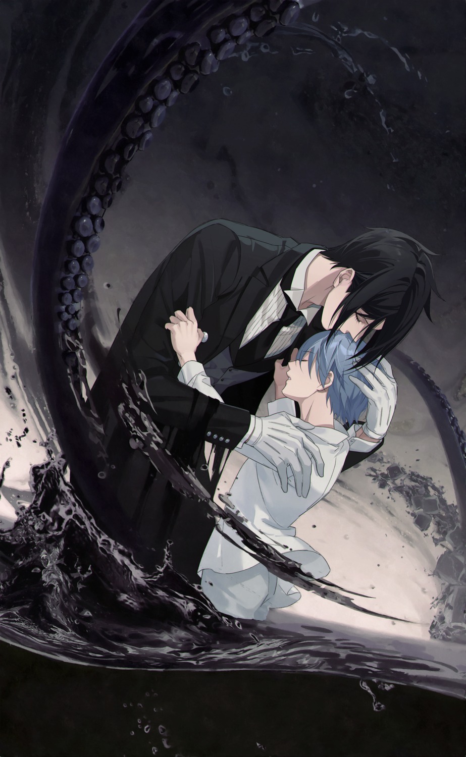 aru_(pixiv_6926366), business_suit, ciel_phantomhive, kuroshitsuji, male, sebastian_michaelis, wet, wet_clothes