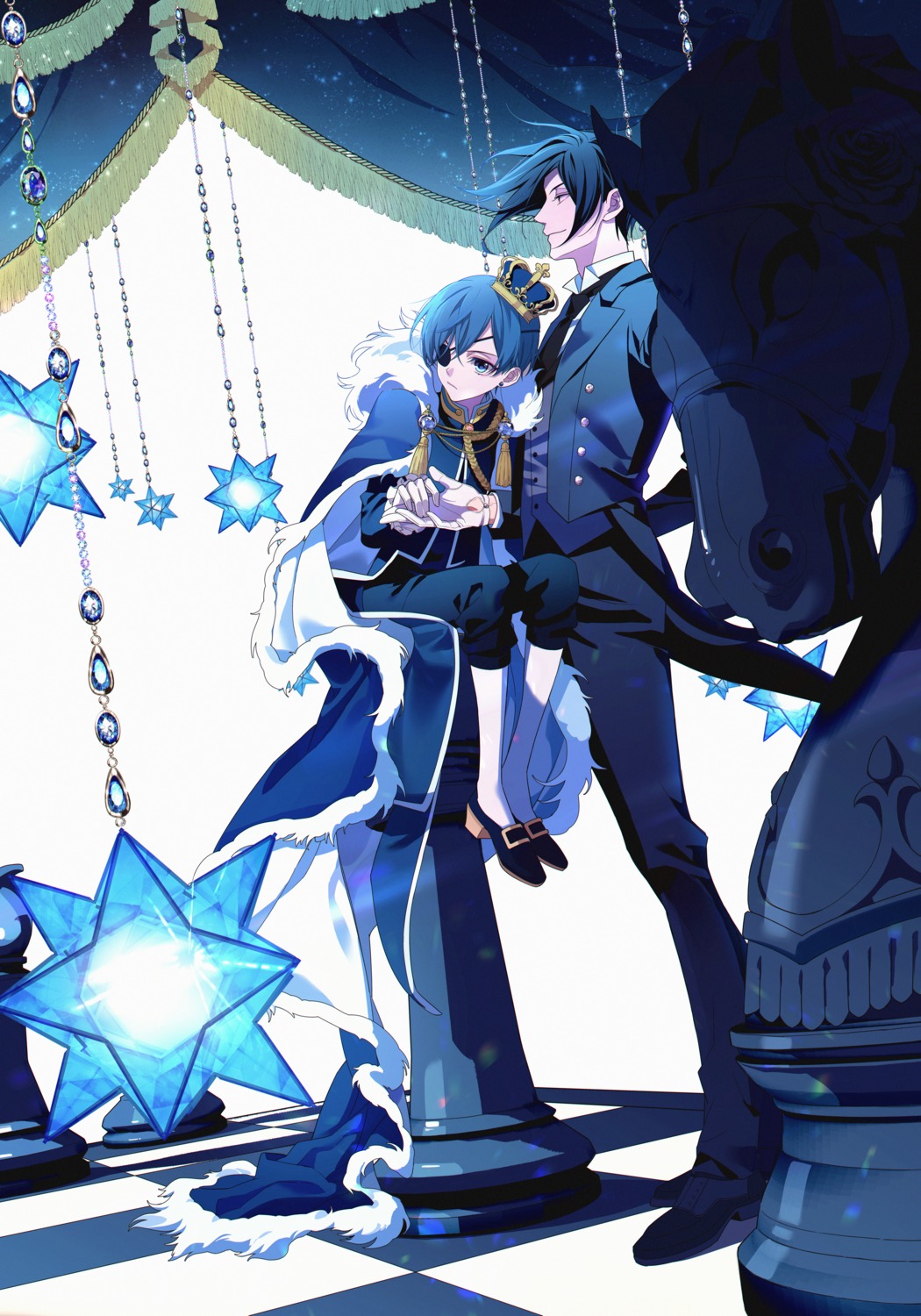 aru_(pixiv_6926366), business_suit, ciel_phantomhive, eyepatch, heels, kuroshitsuji, male, sebastian_michaelis