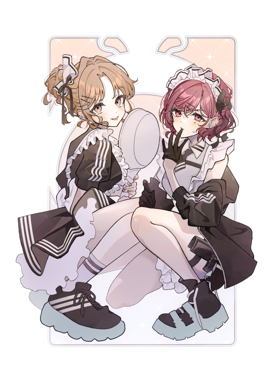 garter, gun, higuchi_madoka, ichikawa_hinana, maid, shishido_umeshiba, skirt_lift, the_idolm@ster