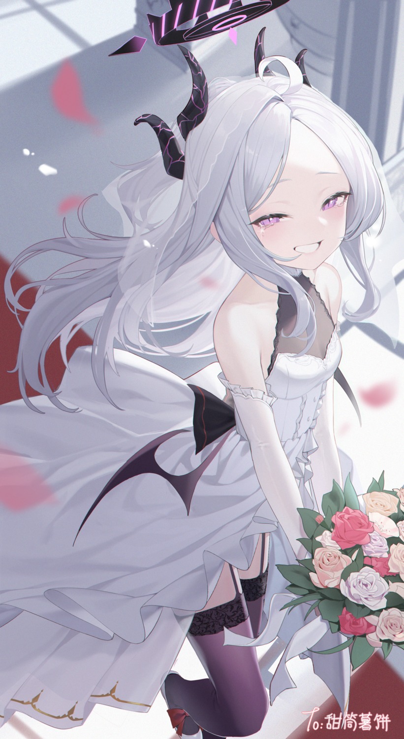 blue_archive, devil, dress, halo, horns, iouley, no_bra, sorasaki_hina, stockings, thighhighs, wedding_dress, wings