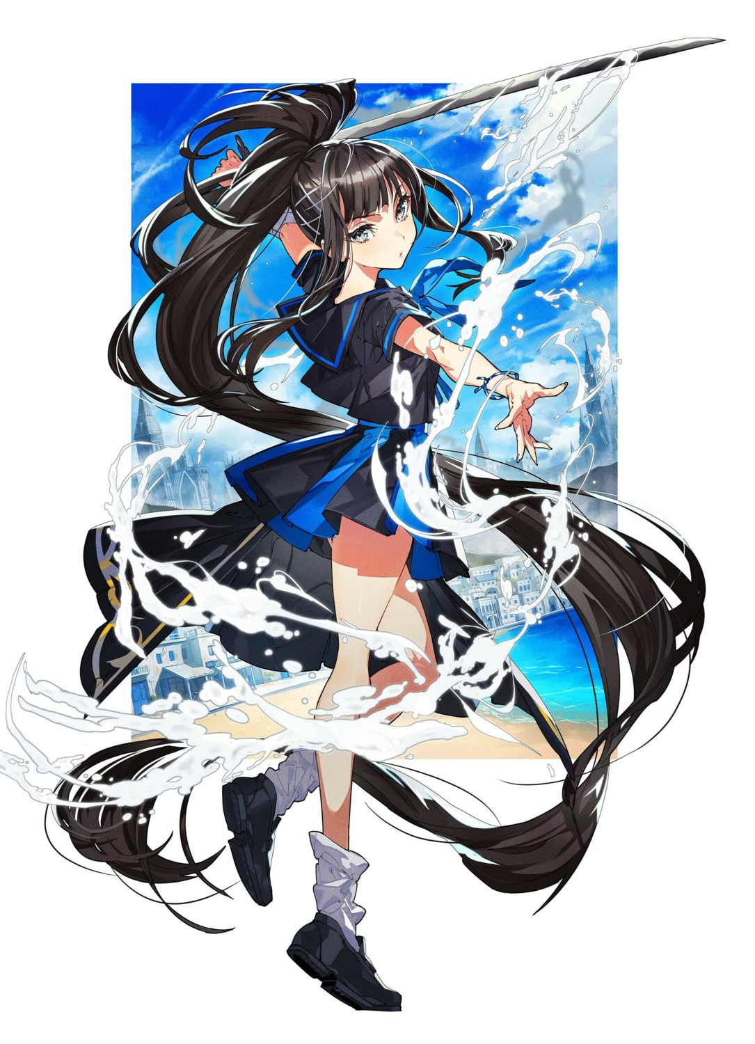 bandages, jin_(homuseka), mika_pikazo, seifuku, skirt_lift, sword, waga_homura_ni_hirefuse_sekai