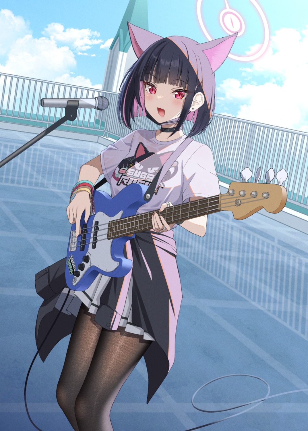 animal_ears, blue_archive, guitar, gurande, halo, kyouyama_kazusa, nekomimi, pantyhose