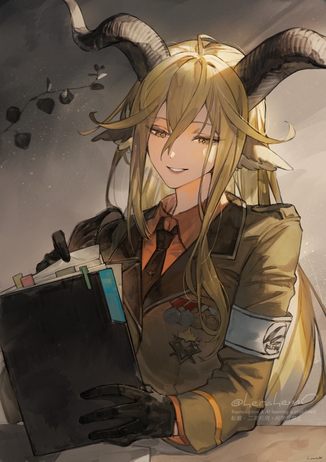 animal_ears, arknights, degenbrecher_(arknights), herayoshi, horns, uniform
