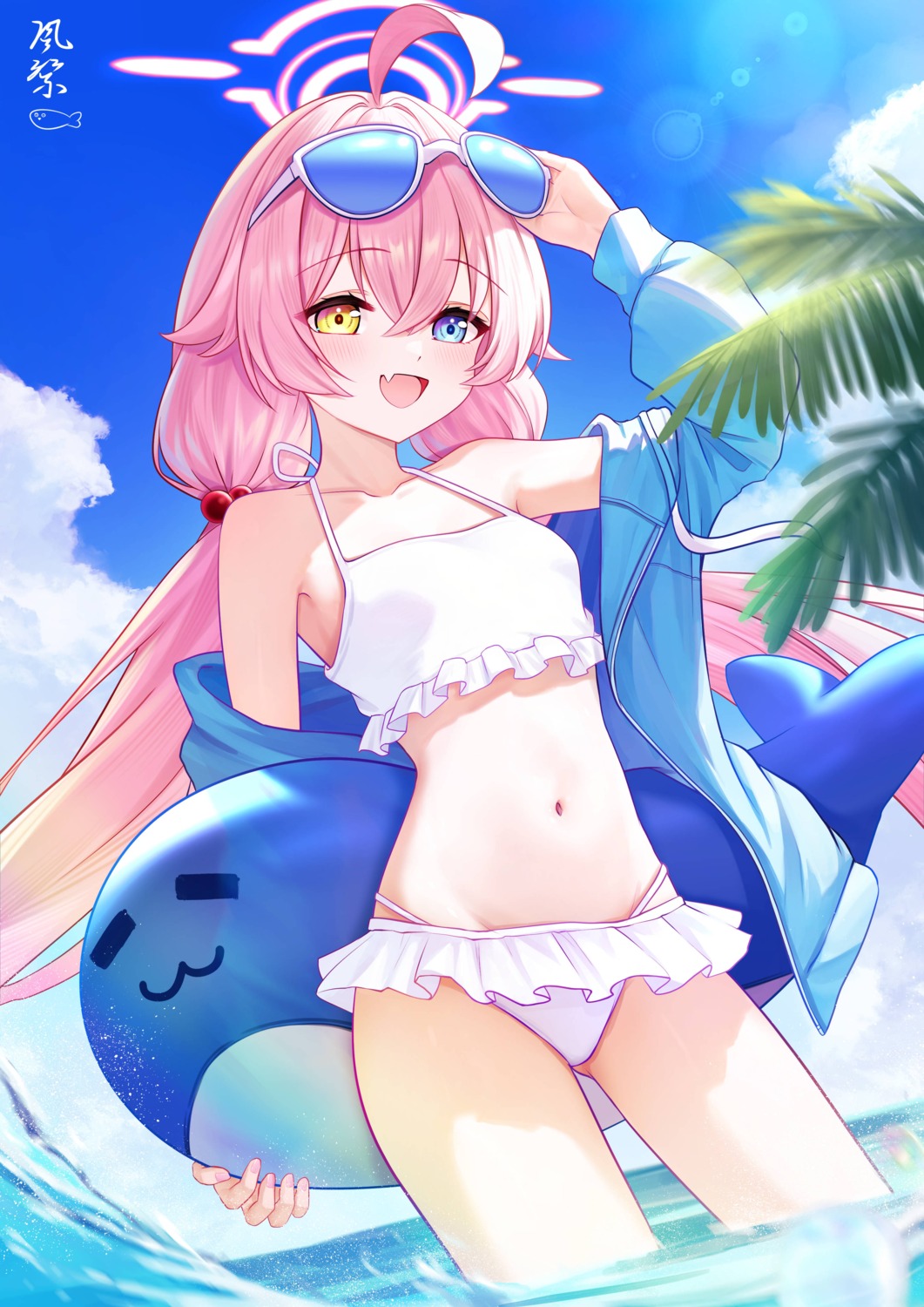 bikini, blue_archive, halo, heterochromia, kazamatsuri_honatsu, megane, open_shirt, swimsuits