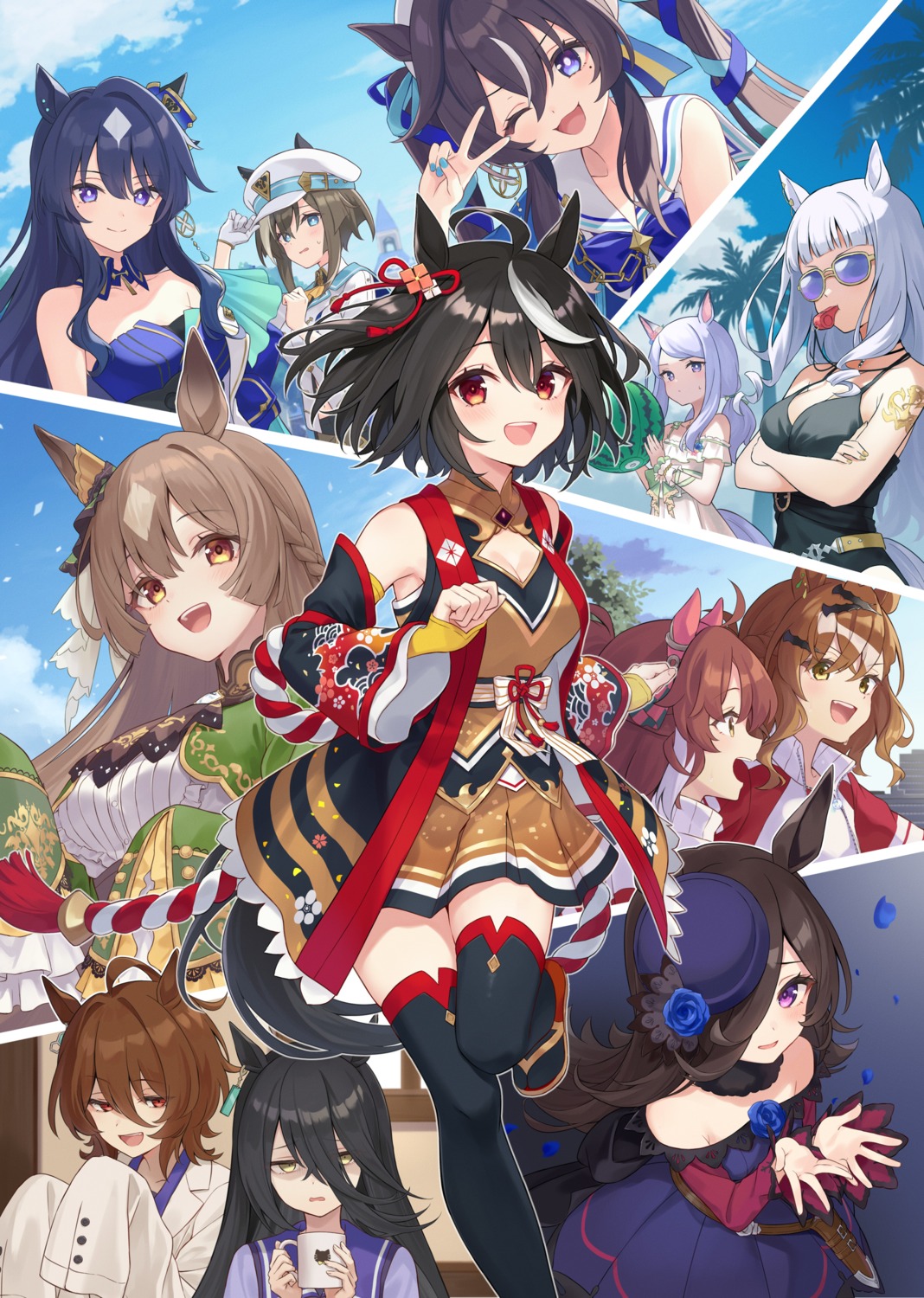 agnes_tachyon_(umamusume), animal_ears, azuuru, cheval_grand_(umamusume), cleavage, dantsu_flame_(umamusume), gold_ship_(umamusume), gym_uniform