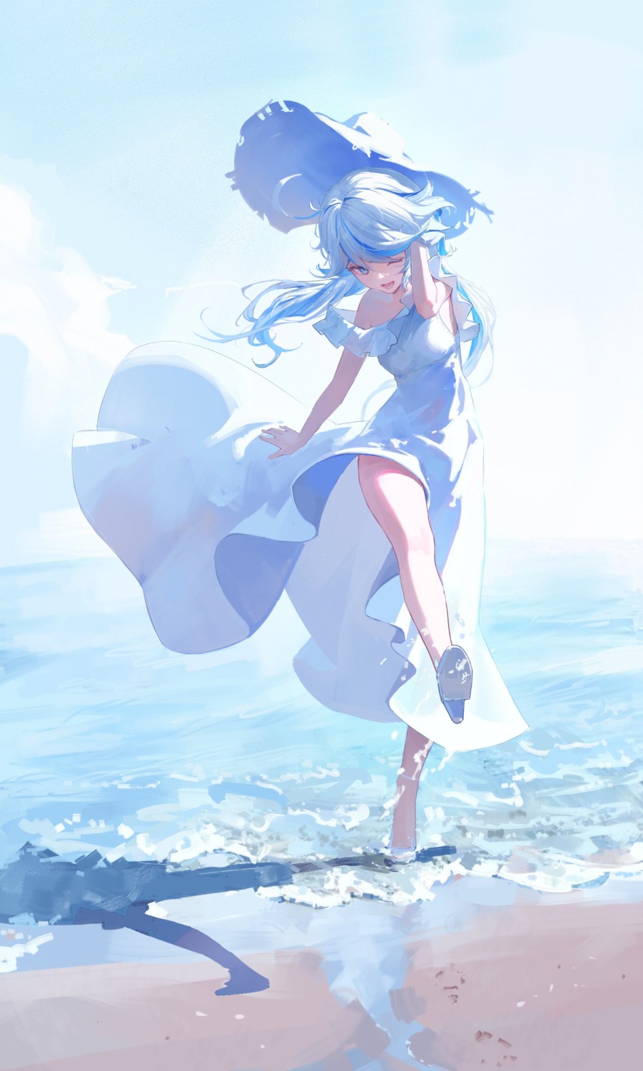 dress, furina, genshin_impact, heels, hei_huo_chong, skirt_lift, summer_dress, wet