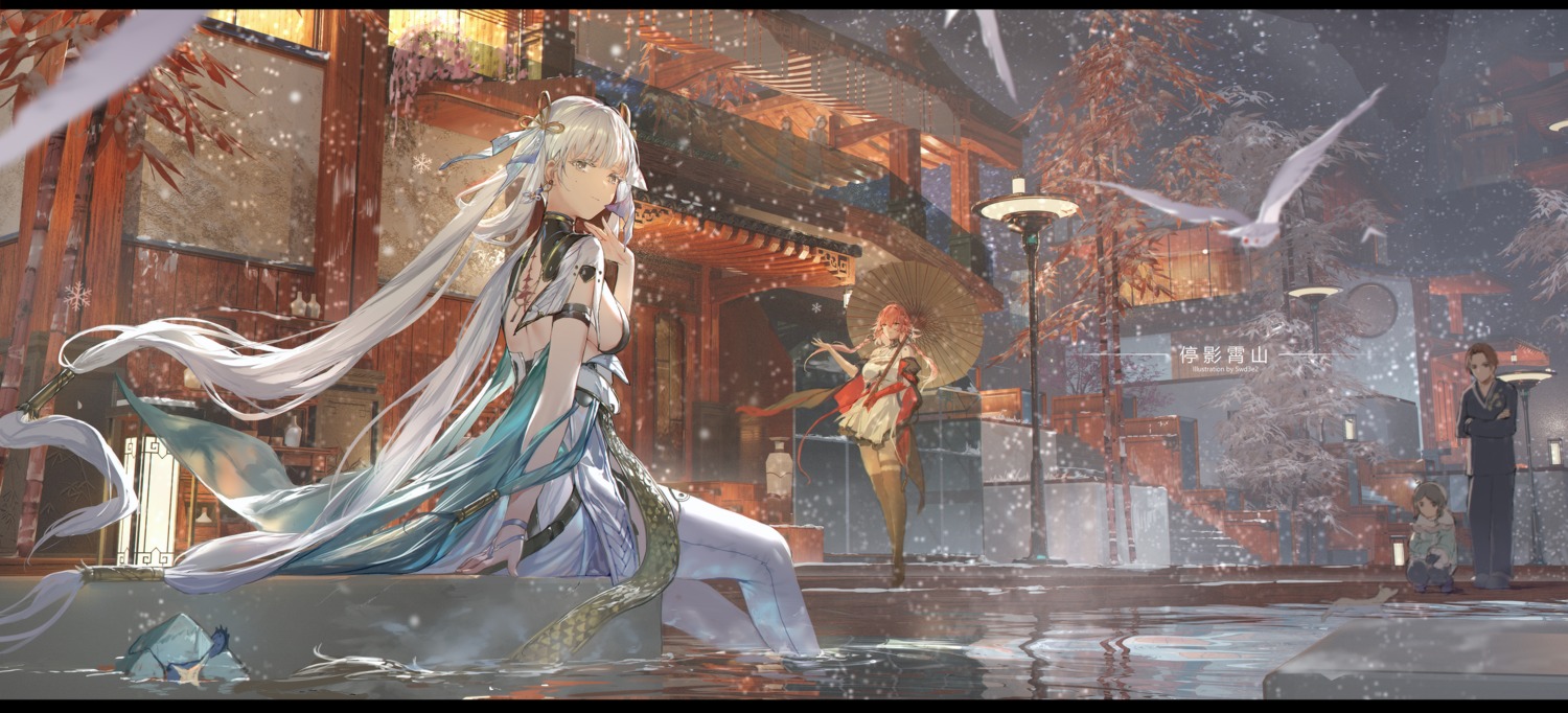 asian_clothes, garter, jinhsi, no_bra, swd3e2, tattoo, thighhighs, umbrella