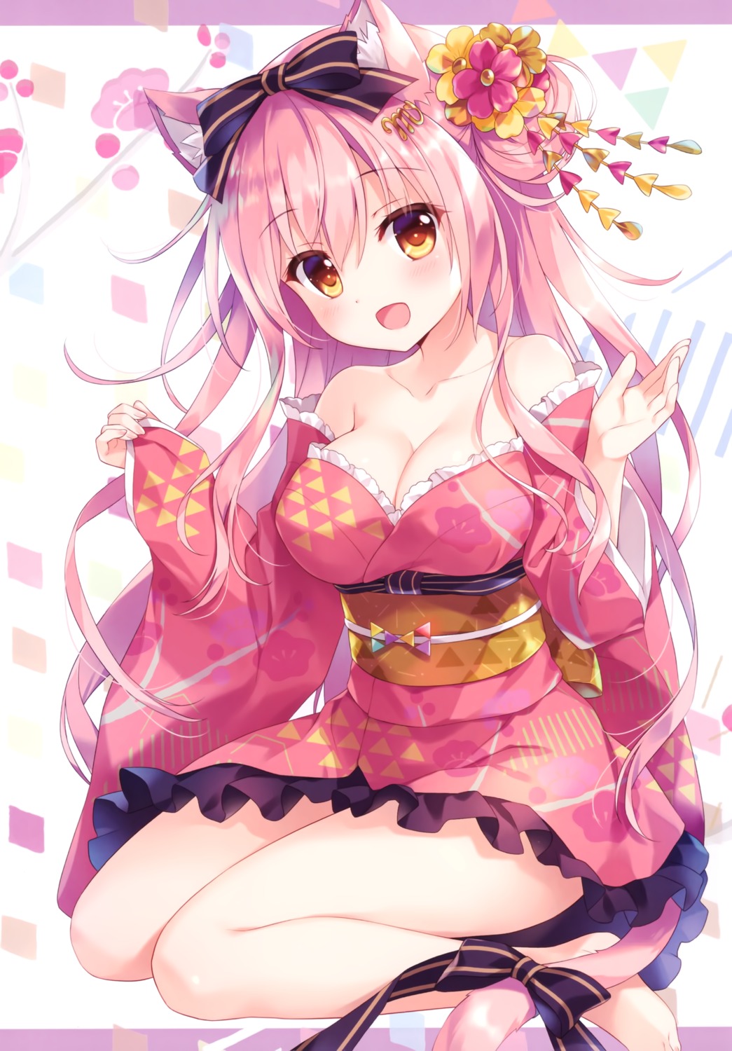 ame_nochi_yuki, ameto_yuki, animal_ears, japanese_clothes, macaron_(ameto_yuki), nekomimi, no_bra, open_shirt, tail