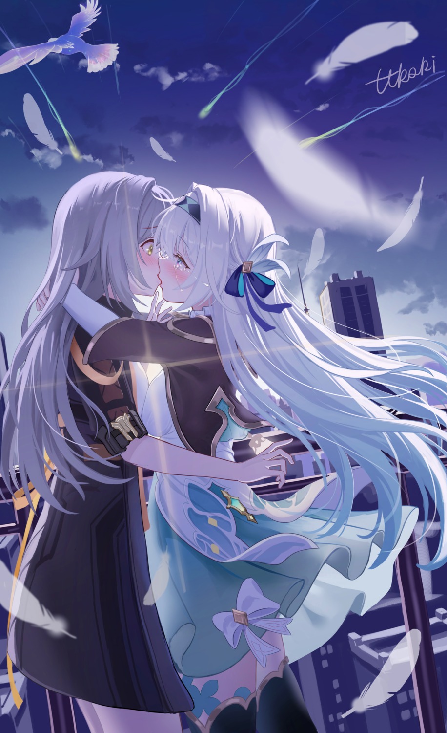 dress, firefly, honkai:_star_rail, skirt_lift, stelle, thighhighs, ttkaki, yuri