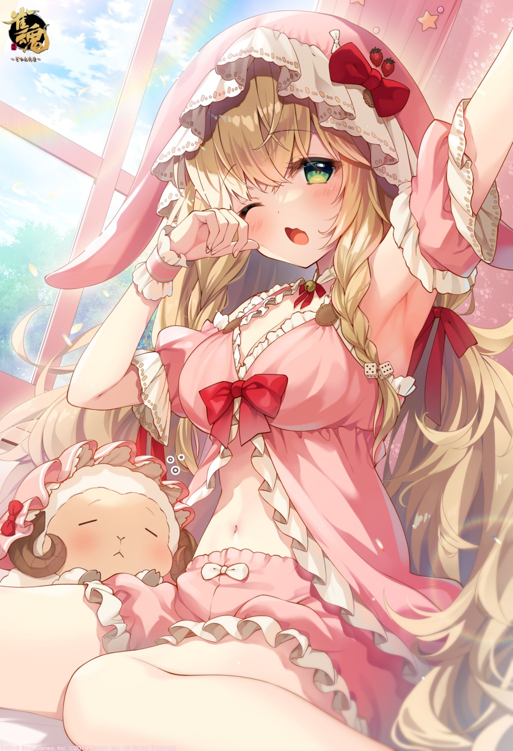 animal_ears, bloomers, bunny_ears, cleavage, eliisa, majsoul, pajama, yuzuna_hiyo