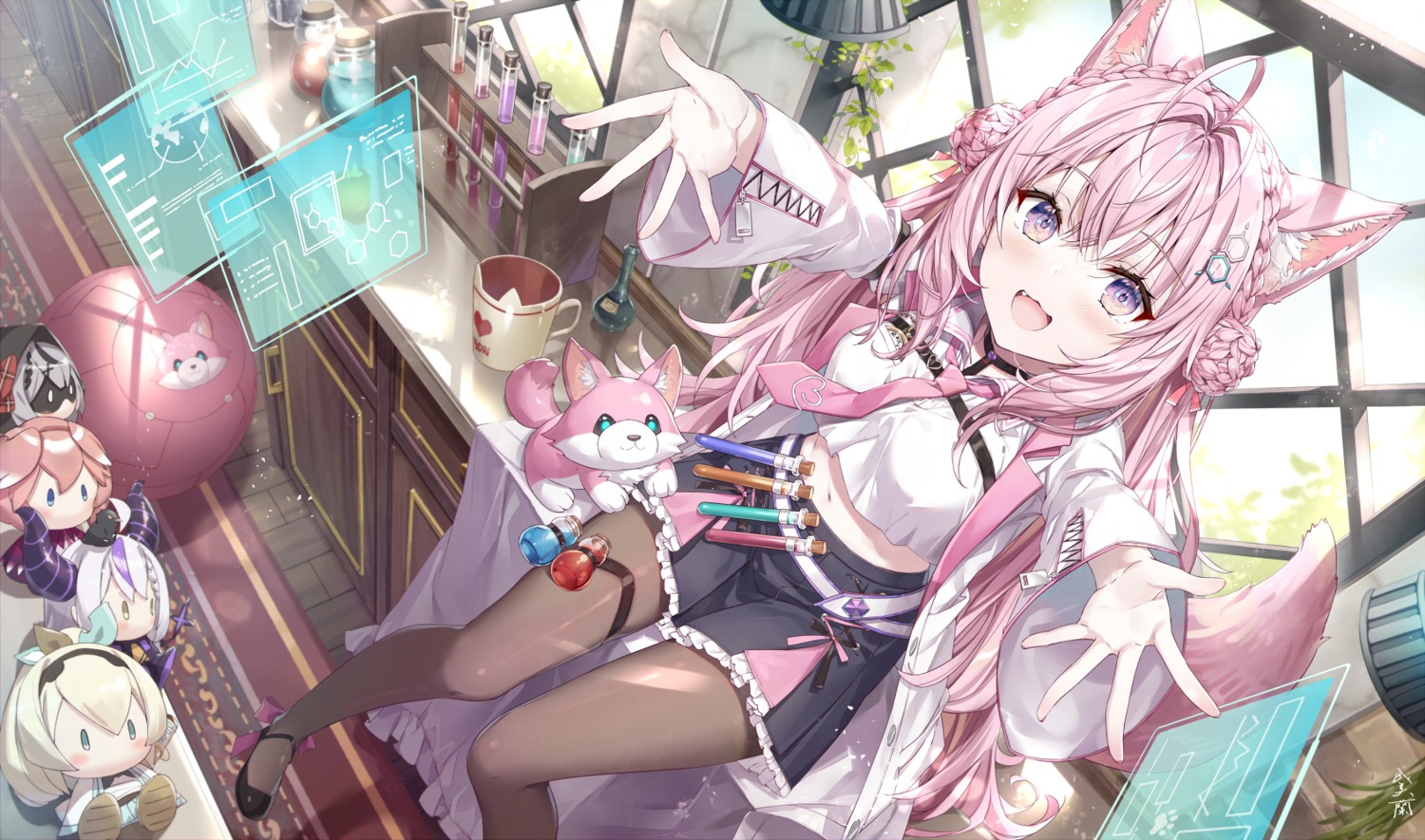 animal_ears, chibi, crow_(la+_darknesss), gabiran, garter, hakui_koyori, hololive, kazama_iroha, la+_darknesss, pantyhose, sakamata_chloe, tail, takane_lui