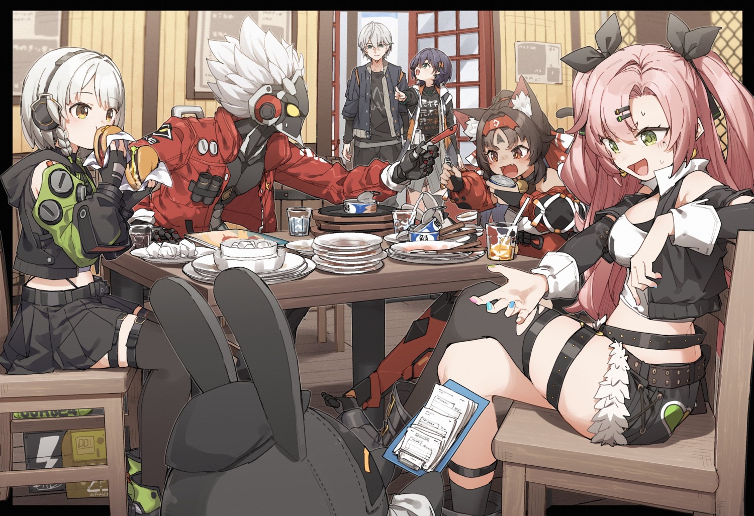 anby_demara, animal_ears, belle_(zenless_zone_zero), billy_kid, garter, headphones, kusaka_shi, nekomimi, nekomiya_mana, nicole_demara, tail, tattoo, thighhighs, torn_clothes, wise_(zenless_zone_zero), zenless_zone_zero