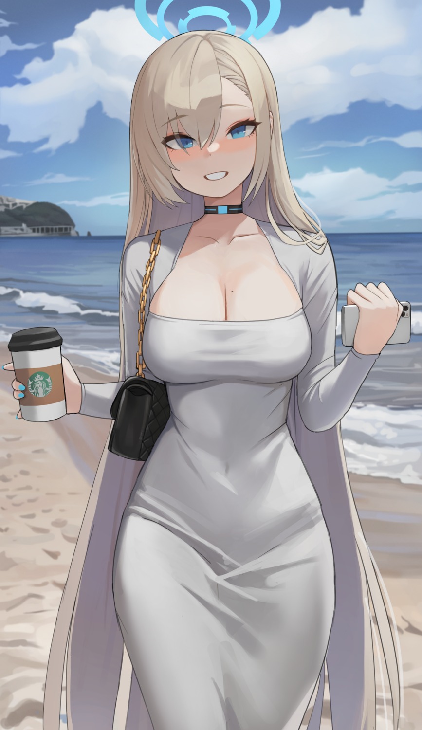 blue_archive, cleavage, dolri, dress, halo, ichinose_asuna, starbucks