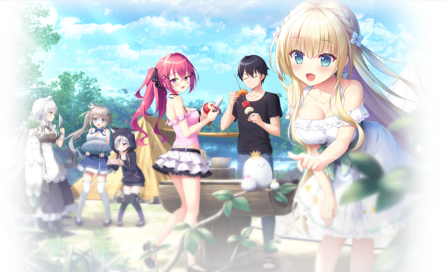 ameto_yuki, animal_ears, azarashi_soft+1, dress, hoshiko_sakuya, iris_murphy, maid, midorisawa_aoi, mugen_no_tír_na_nóg, nanohana_kohina, nekomimi, percy_portion, pointy_ears, summer_dress, thighhighs, yusa_karen