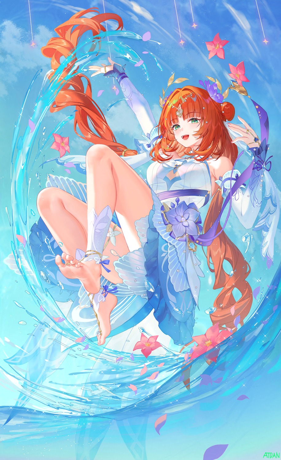 atdan, feet, garter, genshin_impact, nilou, see_through, skirt_lift