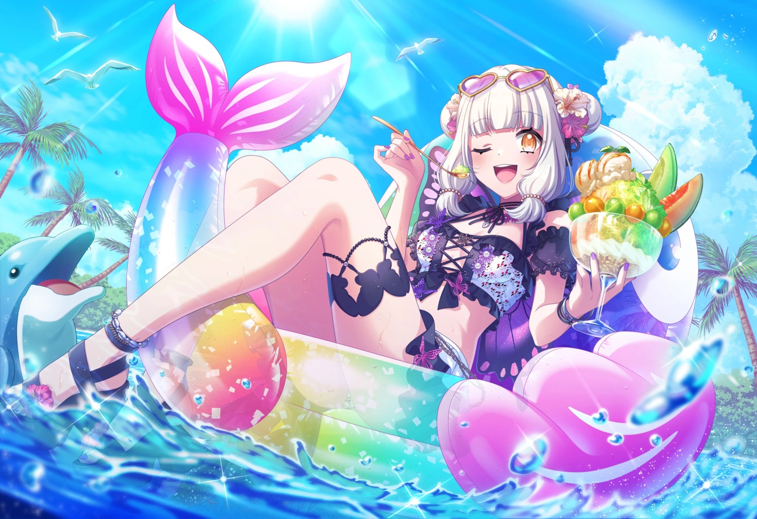 bikini, d4dj, elsie_(d4dj), garter, heels, megane, skirt_lift, swimsuits