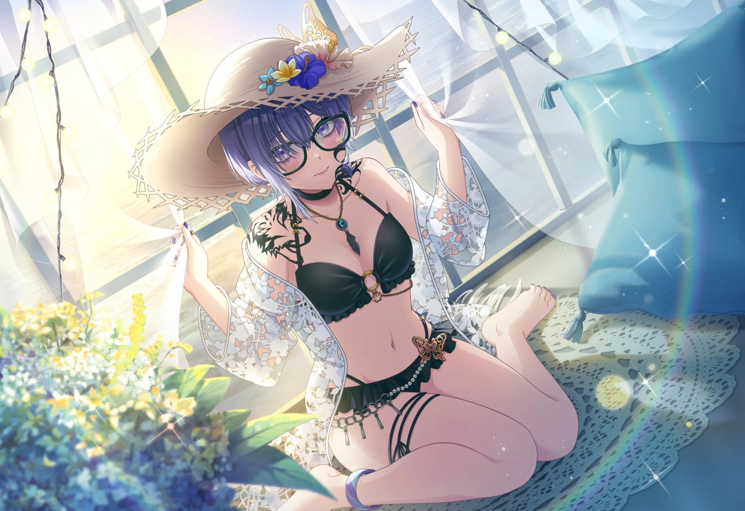bikini, d4dj, garter, megane, open_shirt, see_through, sophia_(d4dj), swimsuits, tagme, tattoo