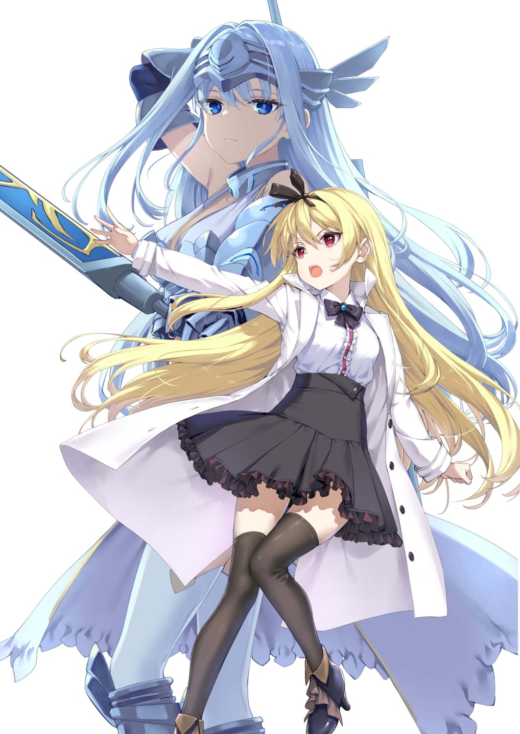 arifureta_shokugyou_de_sekai_saikyou, armor, heels, shirasaki_kaori, skirt_lift, takayaki, thighhighs, weapon
