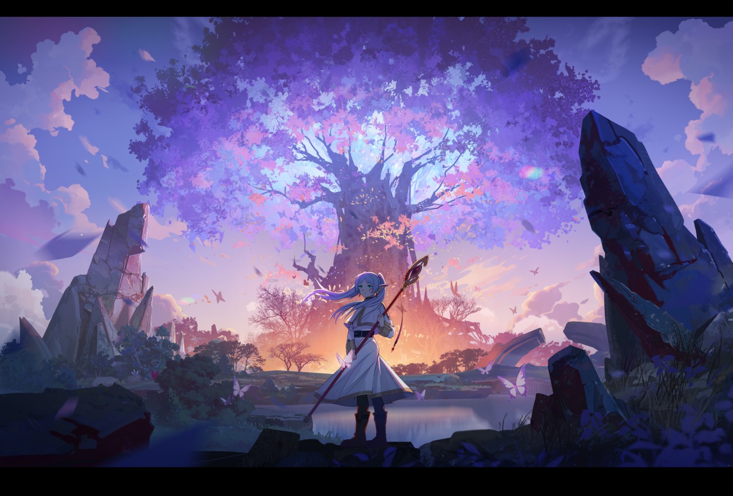 dress, elf, frieren, kuroha_(pixiv91542816), landscape, pointy_ears, sousou_no_frieren, weapon