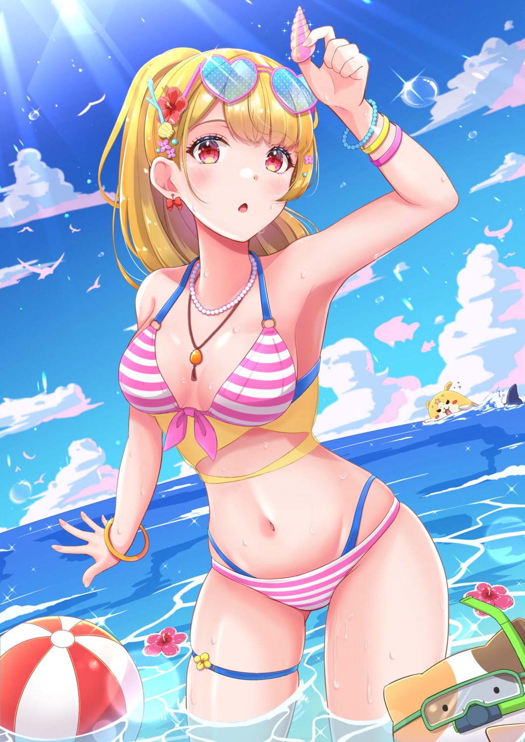 aimoto_rinku, bikini, d4dj, garter, megane, swimsuits, wet, yuzu_ponzu_(vgah7445)