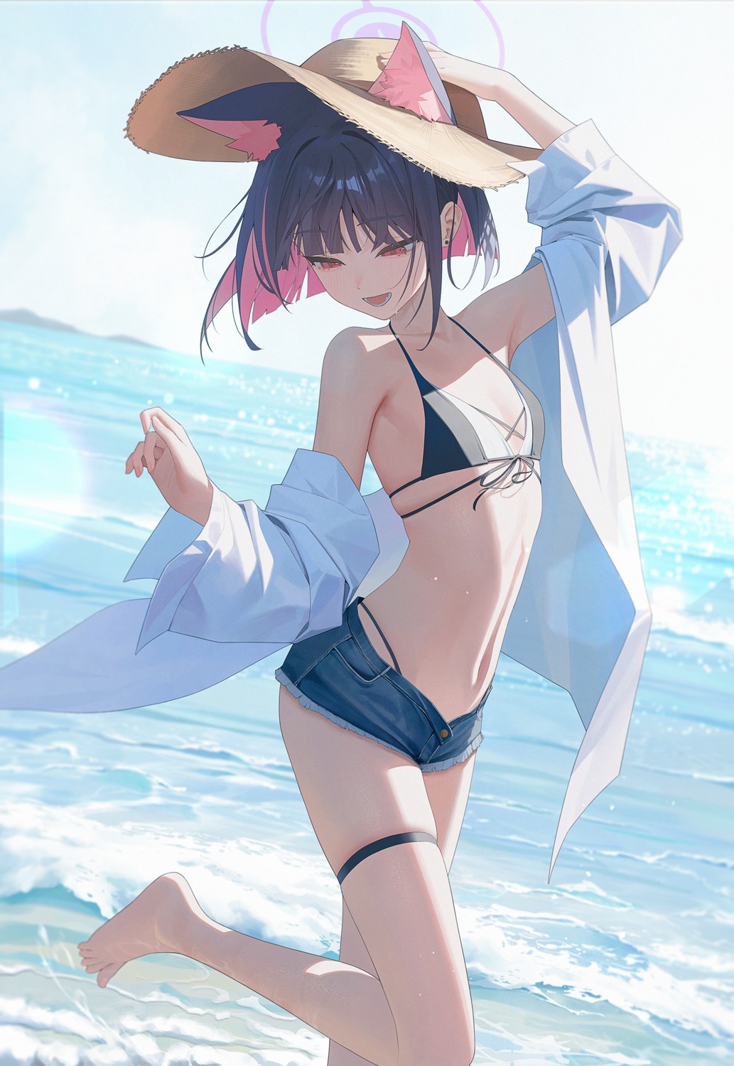 animal_ears, aya_(lezon), bikini, blue_archive, dress_shirt, garter, halo, kyouyama_kazusa, nekomimi, open_shirt, swimsuits, wet