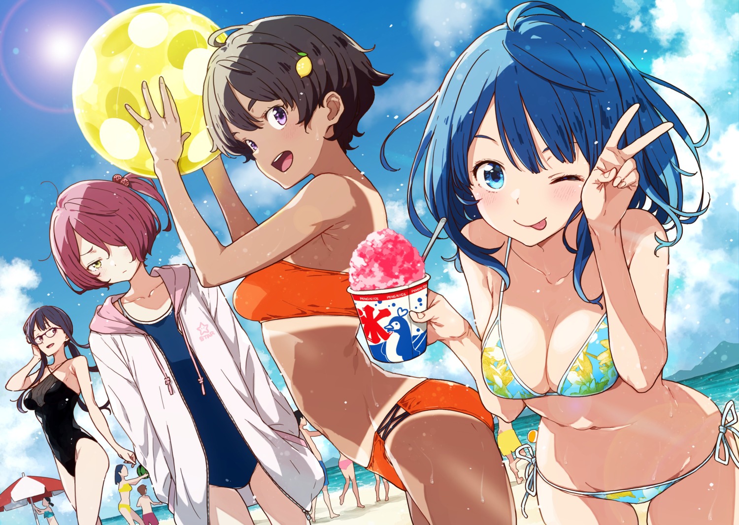 bikini, imigimuru, komari_chika, make_heroine_ga_oosugiru!, megane, school_swimsuit, swimsuits, tan_lines, tsukinoki_koto, wet, yakishio_lemon, yanami_anna
