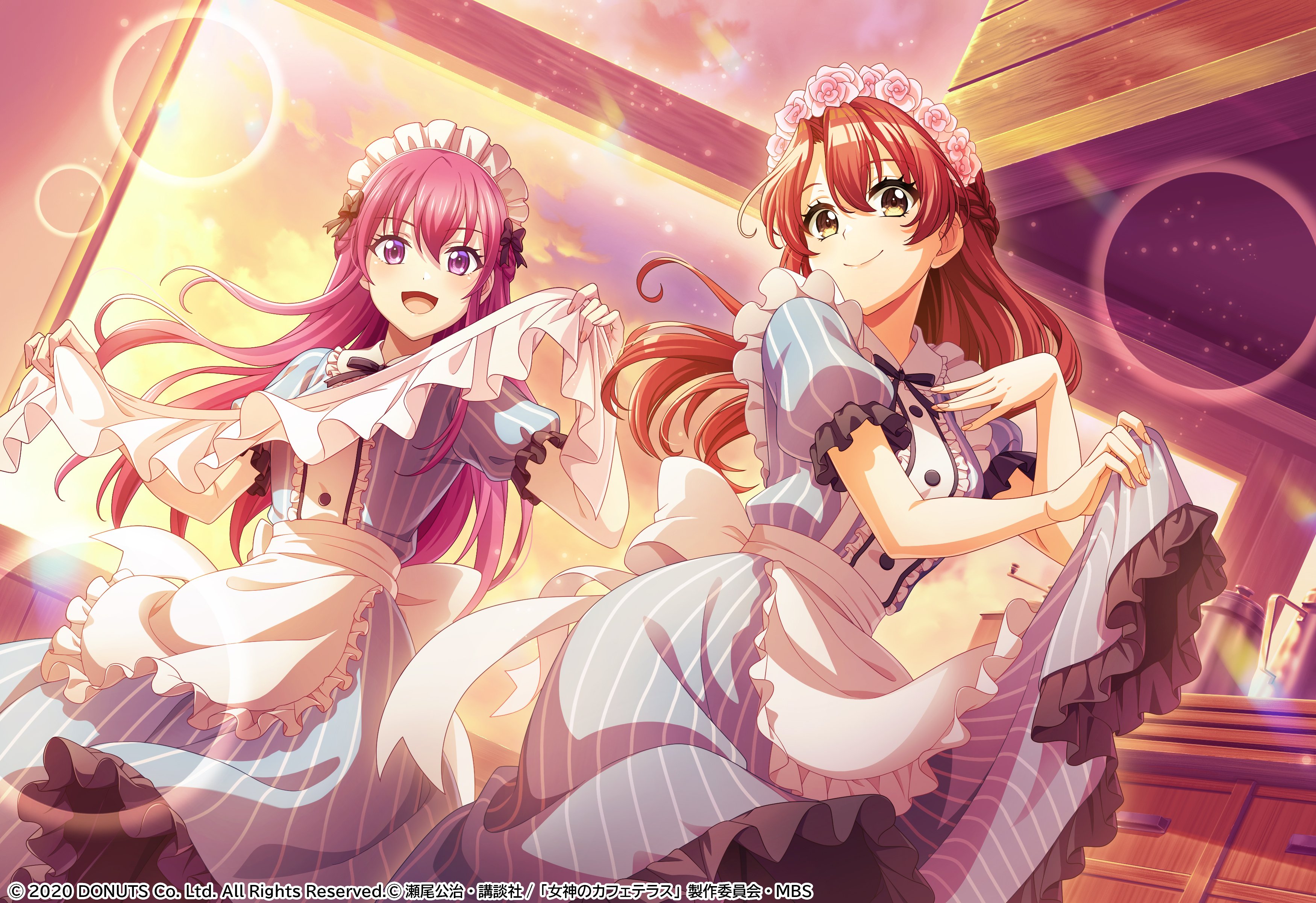cosplay, crossover, d4dj, kasuga_haruna, maid, makuzawa_ouka, megami_no_café_terrace, skirt_lift, tagme, waitress