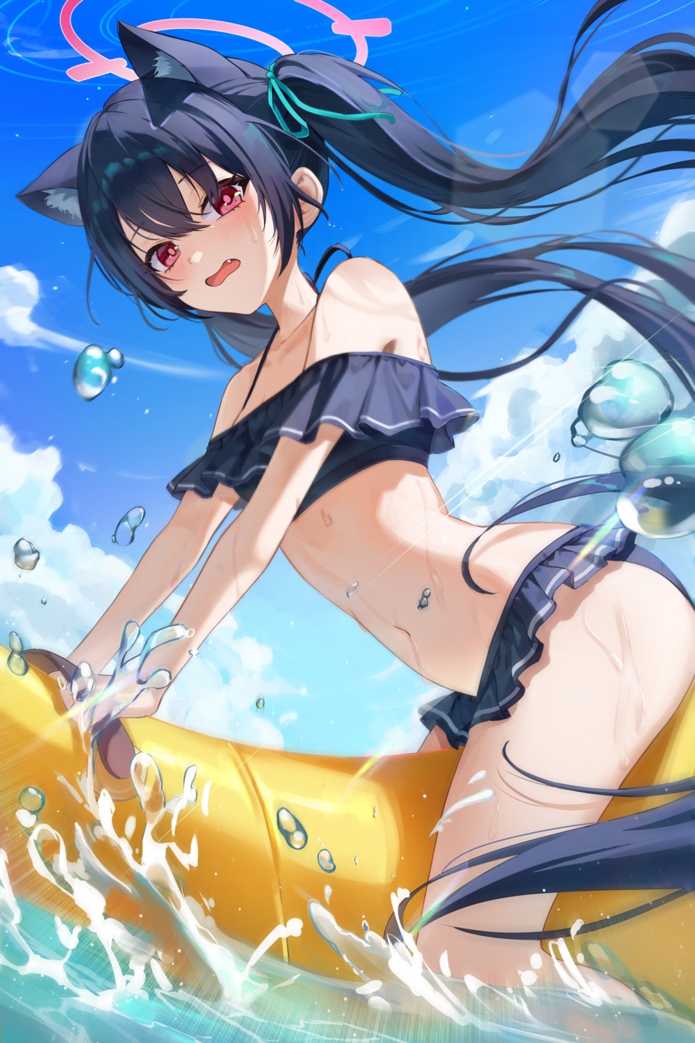 animal_ears, bikini, blue_archive, chiya, halo, kuromi_serika, nekomimi, swimsuits, wet