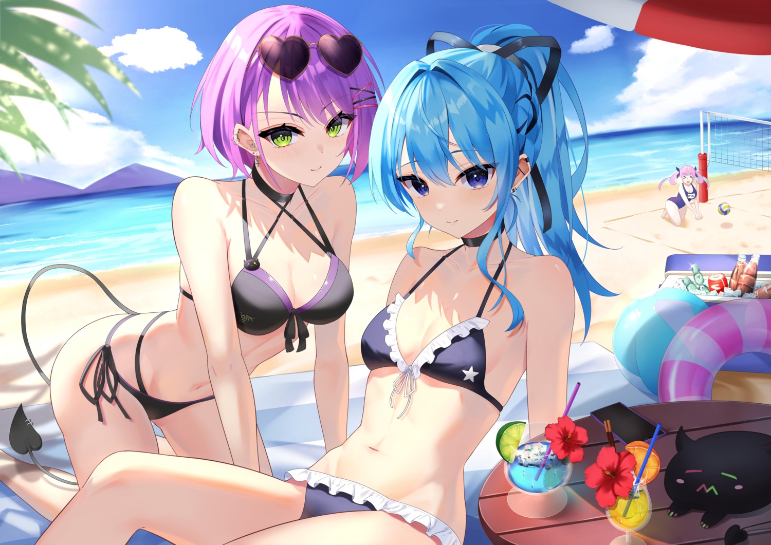 bikini, hololive, hoshimachi_suisei, megane, minato_aqua, school_swimsuit, swimsuits, tail