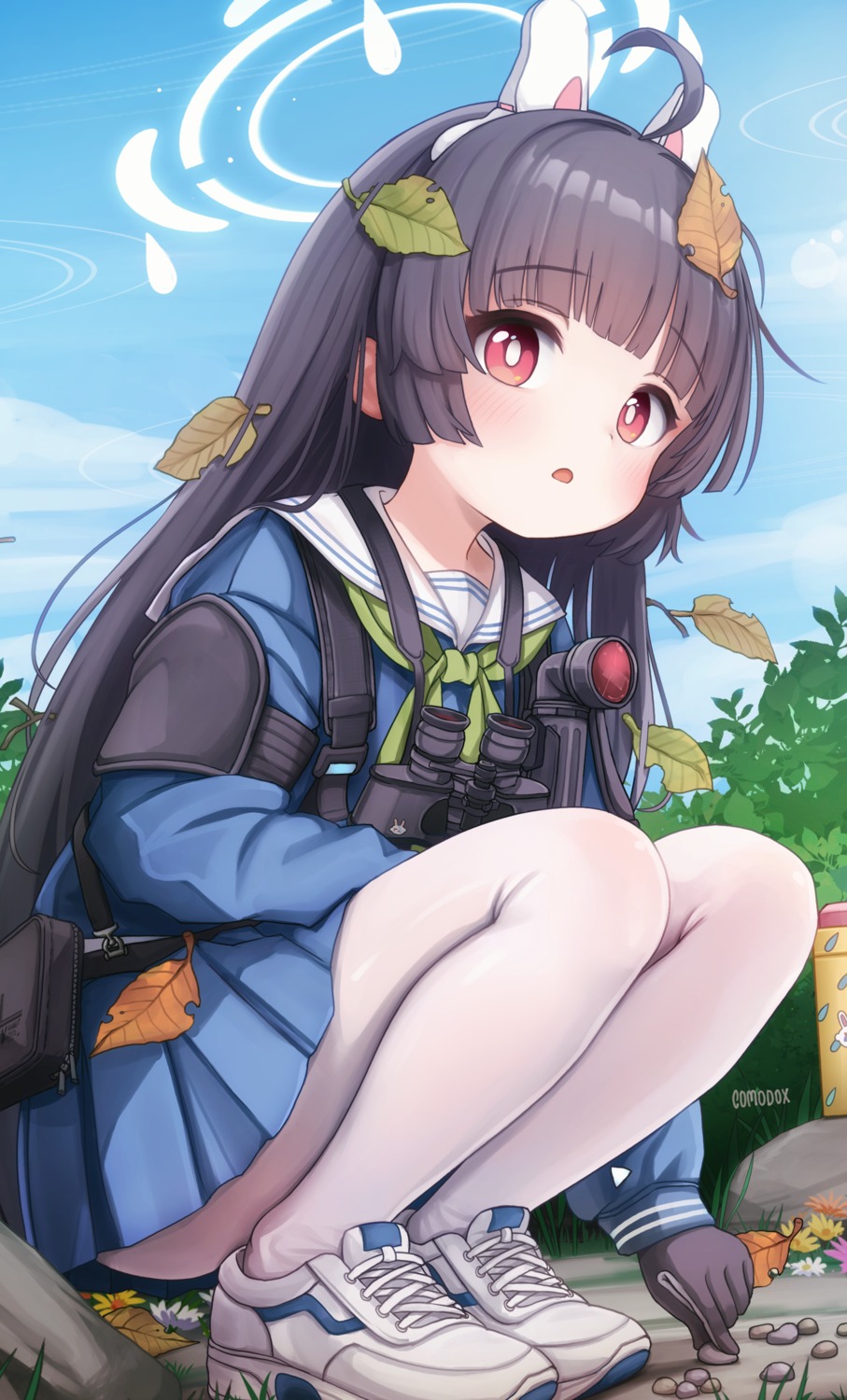 animal_ears, blue_archive, bunny_ears, comodomodo, halo, kasumizawa_miyu, pantyhose, seifuku, skirt_lift