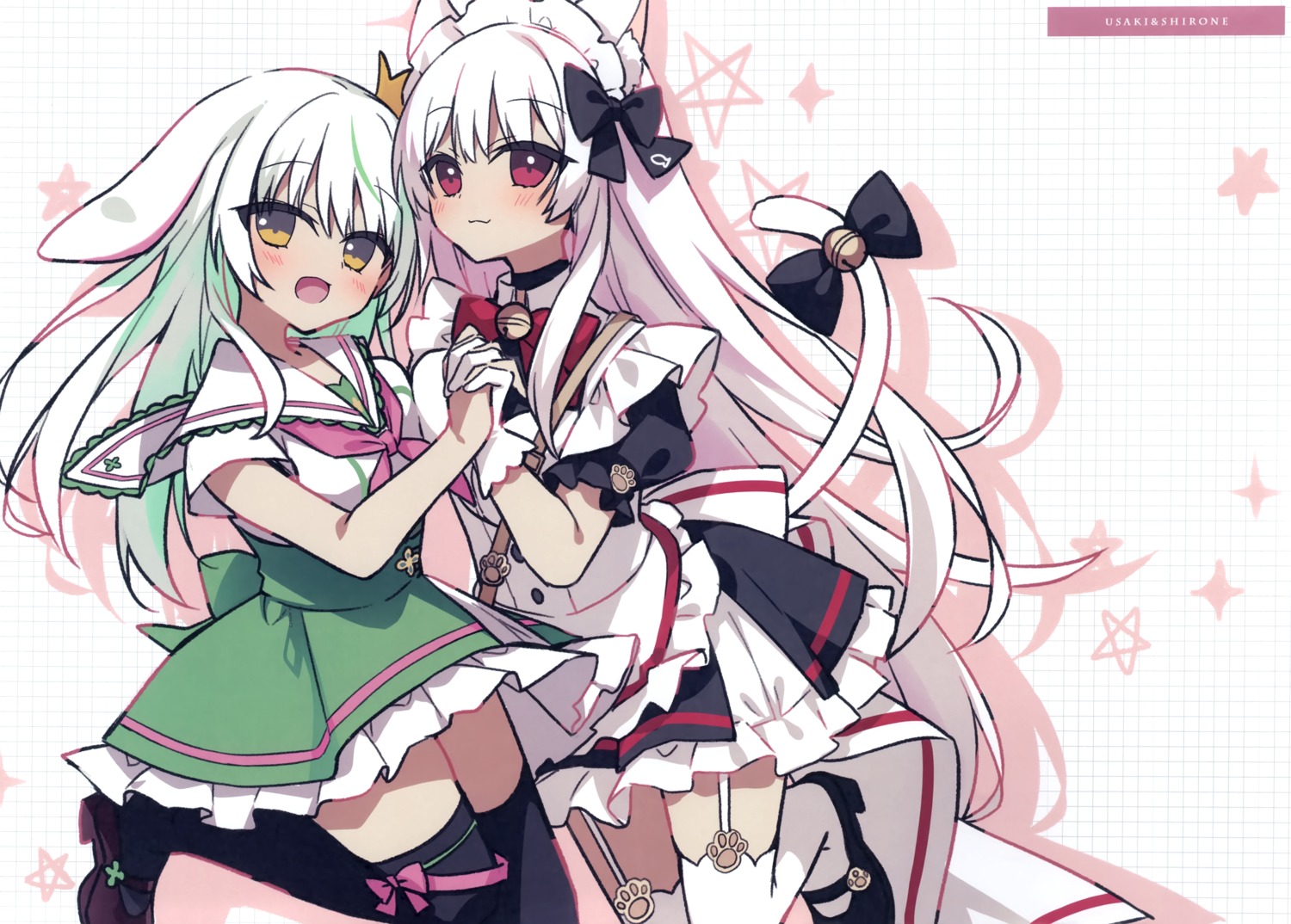 animal_ears, bunny_ears, chericot_rozel, garter, haconect, maid, matsumiya_kiseri, meido_shirone, nekomimi, seifuku, sketch, stockings, symmetrical_docking, thighhighs, usaki_yotsunoha