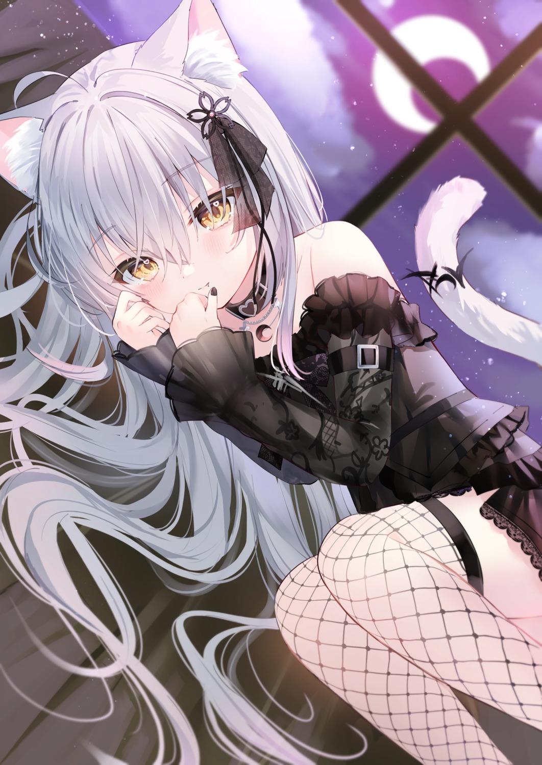 animal_ears, detexted, dress, fishnets, indie_virtual_youtuber, nekomimi, rucaco, see_through
