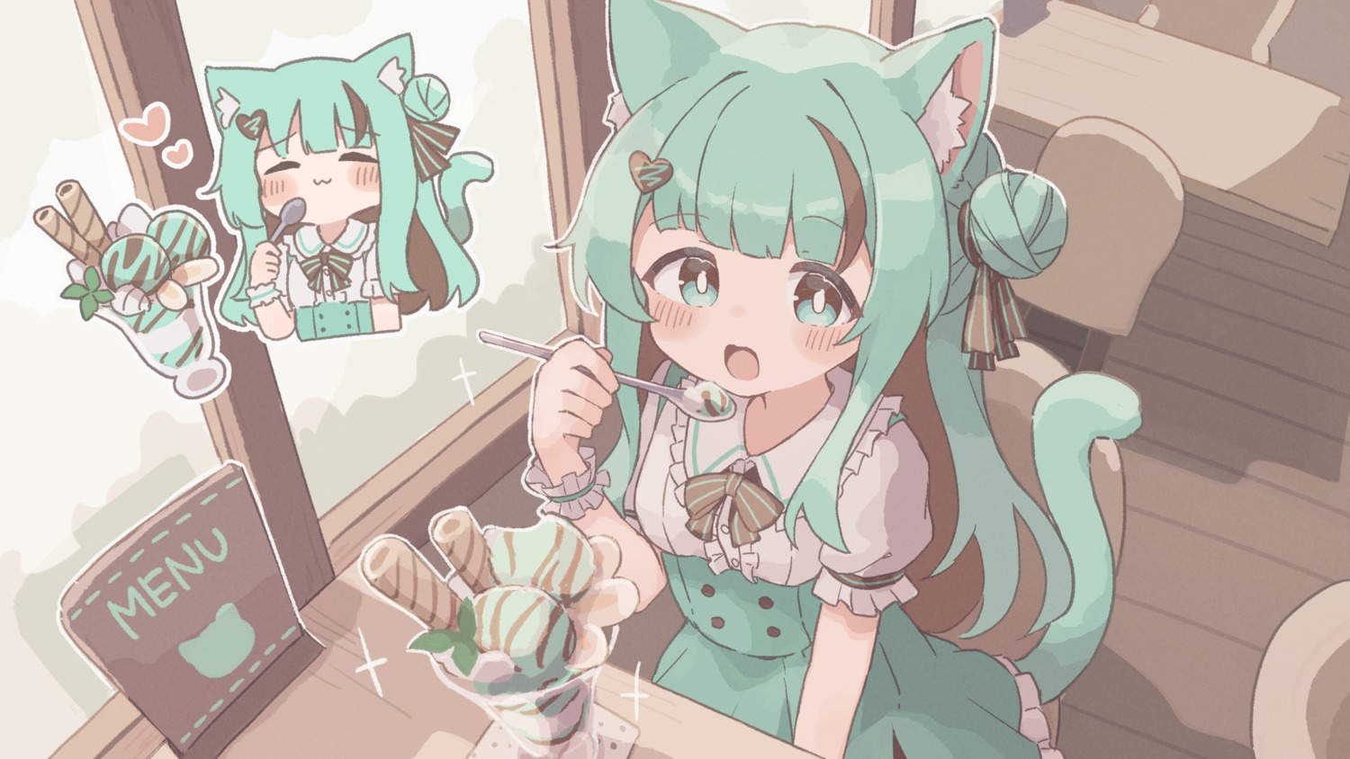 animal_ears, chibi, colon_br, detexted, nekomimi, tail, wallpaper