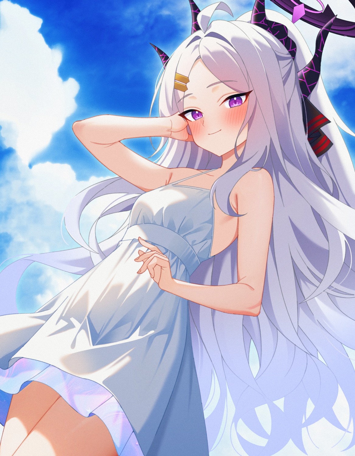 blue_archive, dress, halo, horns, karaage_(xxxmido02), skirt_lift, sorasaki_hina, summer_dress