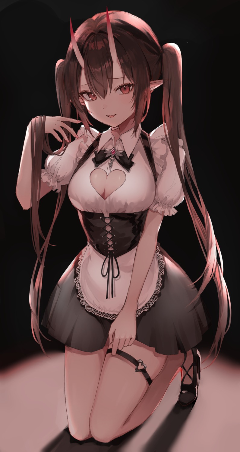 cleavage, garter, heels, horns, maid, matsuno_noir, pointy_ears, tagme
