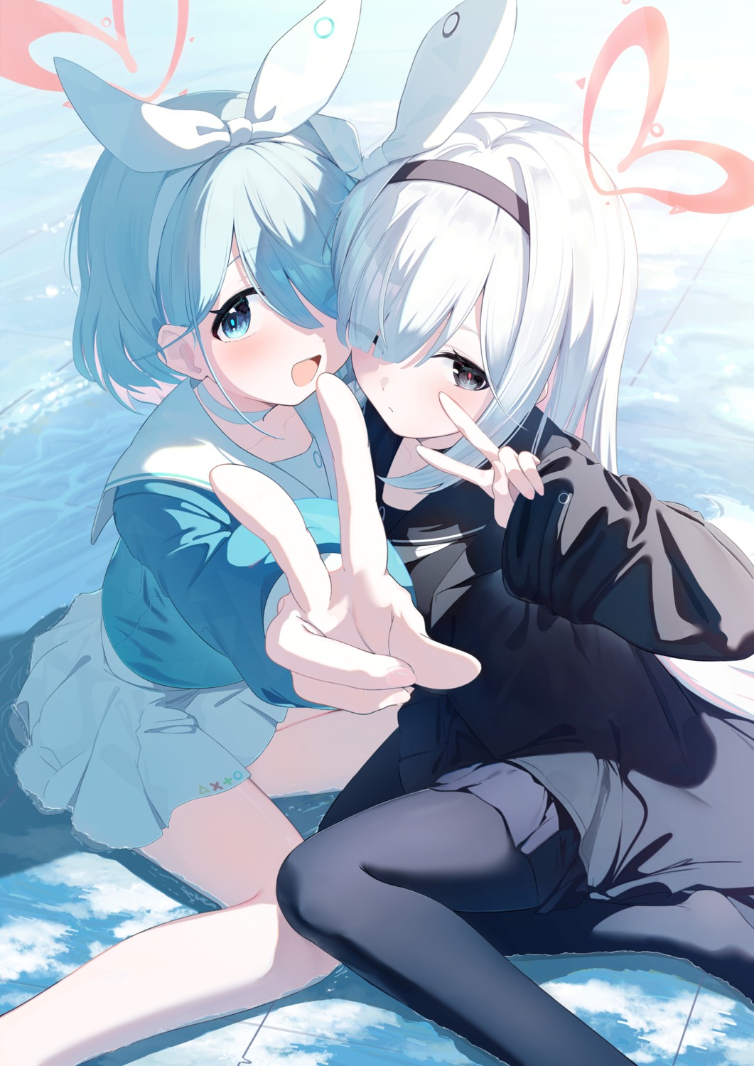 arona_(blue_archive), blue_archive, halo, nokke_o, pantyhose, plana_(blue_archive), seifuku, wet