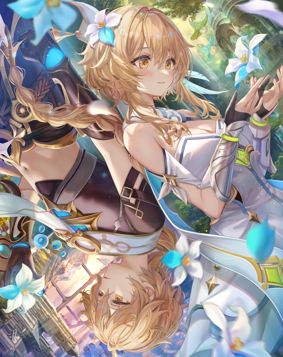 aether, armor, cleavage, dress, genshin_impact, lumine, no_bra, torino_akua