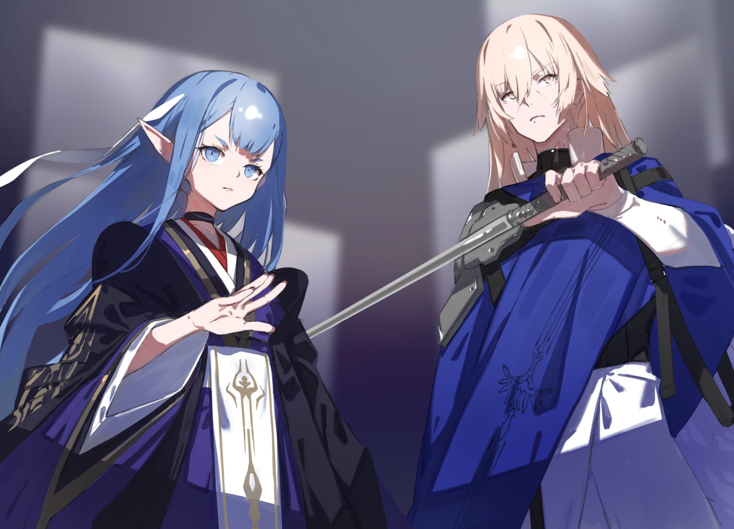 alfreyja, armor, elf, japanese_clothes, naze_boku_no_sekai_wo_daremo_oboeteinai_no_ka?, neco, pointy_ears, reiren_reiru_reicherieru, sword