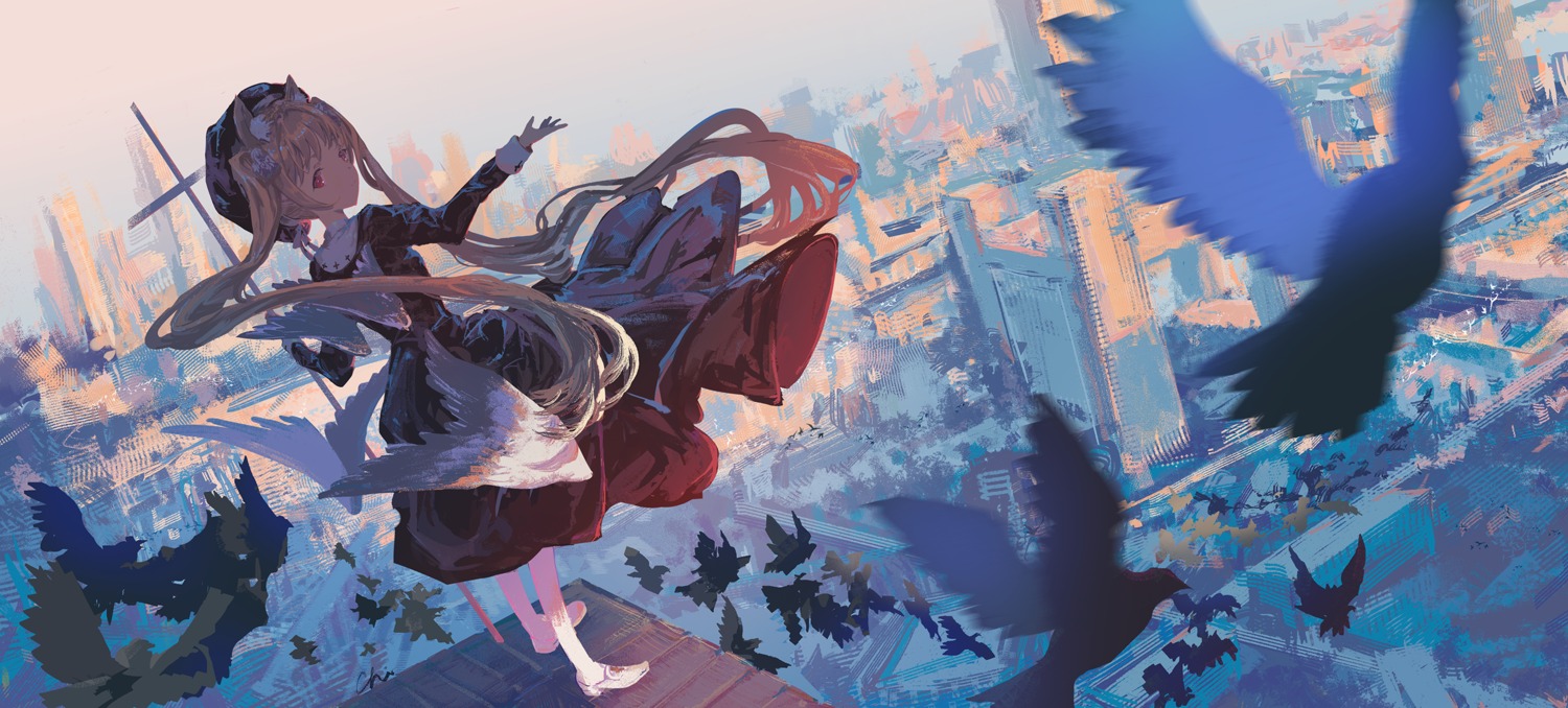 animal_ears, dress, koyamanatsu, landscape, skirt_lift, weapon, wings