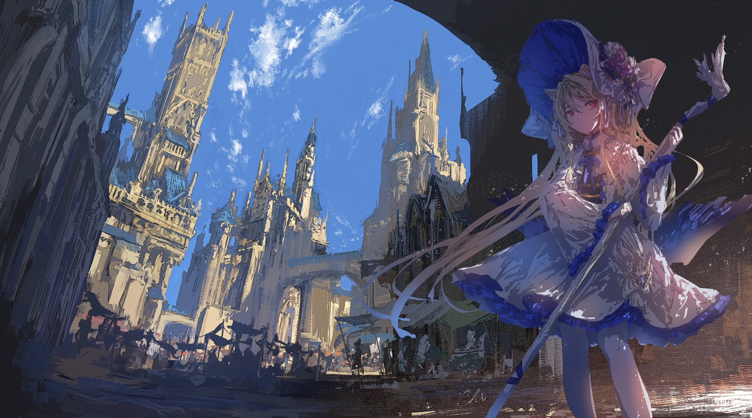 animal_ears, koyamanatsu, landscape, nekomimi, weapon, witch